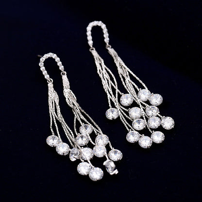 Cross-border European and American Fashion Shiny Zircon Exaggerated Tassel Earrings s925Silver Needle High-End Long Evening Earrings