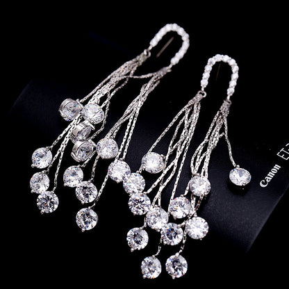 Cross-border European and American Fashion Shiny Zircon Exaggerated Tassel Earrings s925Silver Needle High-End Long Evening Earrings