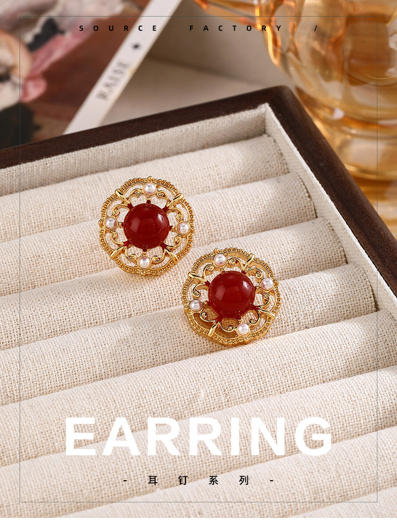 Vintage New Chinese Style Wine Red Agate Stone Earrings for Women Elegant Palace Style High-end Simple Temperament Pearl Earrings