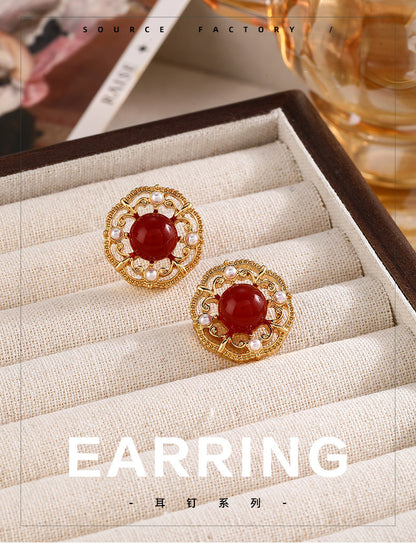 Vintage New Chinese Style Wine Red Agate Stone Earrings for Women Elegant Palace Style High-end Simple Temperament Pearl Earrings