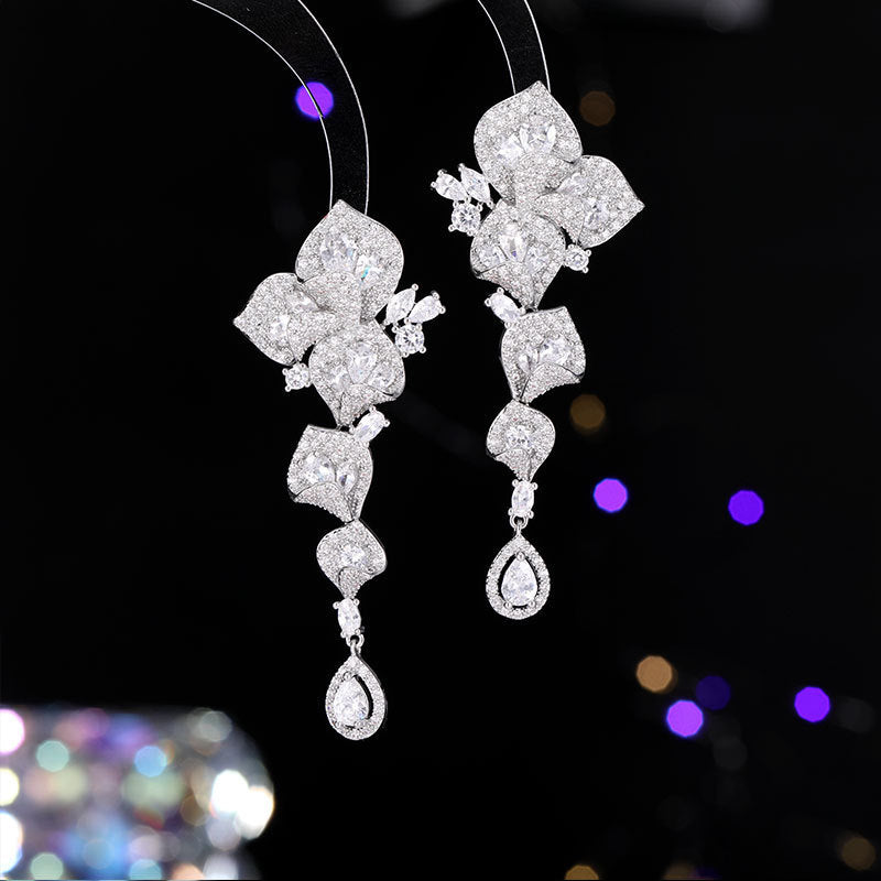 High-end Heavy Craft Earrings for Annual Meeting and Evening Dresses, Luxurious Long Elegant Zircon Flower Earrings