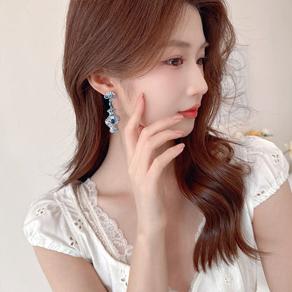 Light Luxury New Chinese Style Ancient Style Three-Dimensional Earrings Retro Zircon Inlaid High-End Long Blue and White Porcelain Evening Drop Earrings