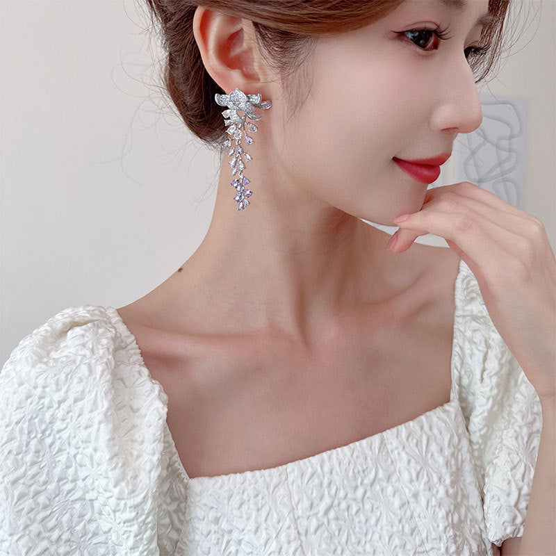 Heavy Craft Hot-Selling Zircon Leaf Wisteria Flower Earrings Fashion Evening Elegant Bride Wedding Dress Earrings Accessories
