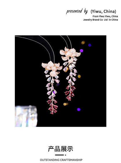 Heavy Craft Hot-Selling Zircon Leaf Wisteria Flower Earrings Fashion Evening Elegant Bride Wedding Dress Earrings Accessories