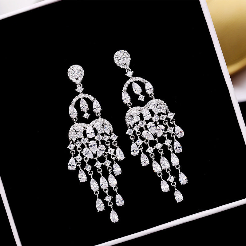 Autumn European and American Style Personality Tassel Earrings Long Colorful Zircon Studs New Fashion Water Drop Earrings for Women