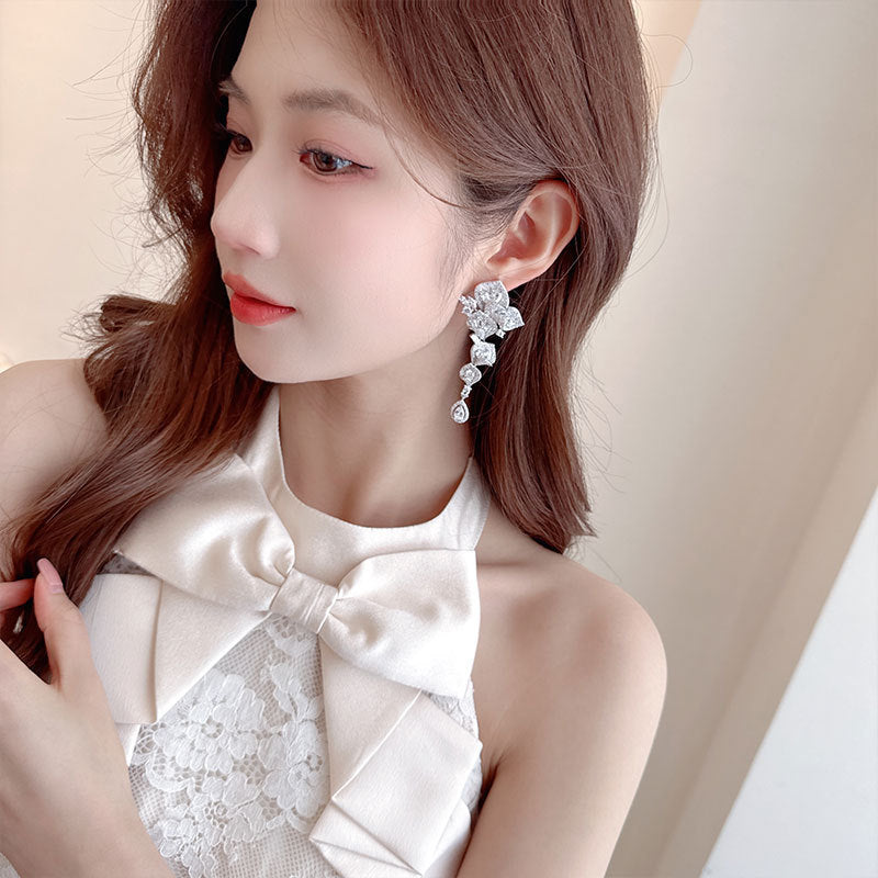 High-end Heavy Craft Earrings for Annual Meeting and Evening Dresses, Luxurious Long Elegant Zircon Flower Earrings