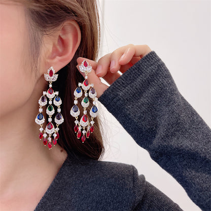 Colorful Zircon Inlaid Long Water Drop Tassel Earrings Trendy European and American Court Style Exaggerated Elegant Heavy Craft Earrings