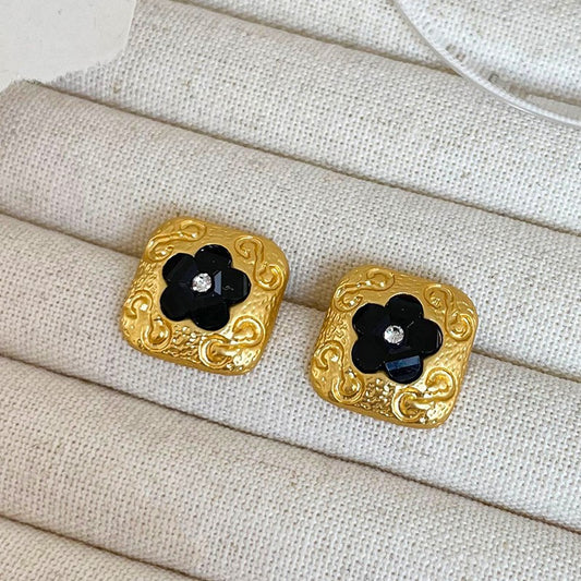 Custom French Vintage Black Flower Square Stud Earrings Niche High-end Simple Versatile Inlaid Diamond Earrings for Women