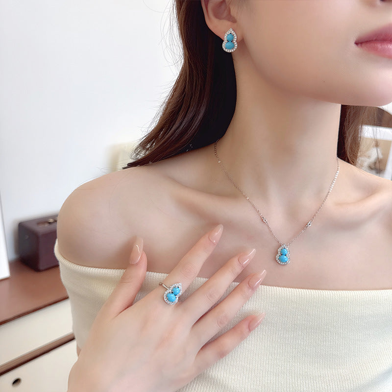 New Chinese Style Retro Imitation Turquoise Gourd Pendant Necklace Ring Jewelry Set Light Luxury High-end National Style Earrings