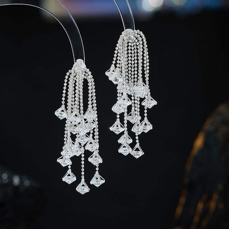 Light Luxury Tassel Long Personality Zircon Earrings s925Silver Needle Elegant Exquisite Temperament Fashion Sweet Waterfall Earrings