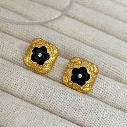 Custom French Vintage Black Flower Square Stud Earrings Niche High-end Simple Versatile Inlaid Diamond Earrings for Women