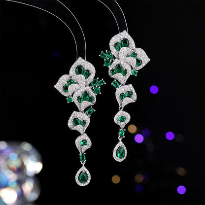 High-end Heavy Craft Earrings for Annual Meeting and Evening Dresses, Luxurious Long Elegant Zircon Flower Earrings