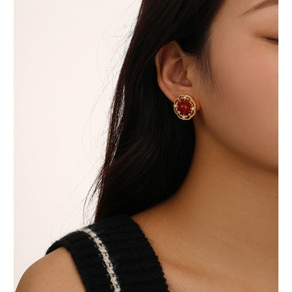 Vintage New Chinese Style Wine Red Agate Stone Earrings for Women Elegant Palace Style High-end Simple Temperament Pearl Earrings
