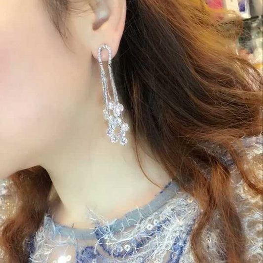Cross-border European and American Fashion Shiny Zircon Exaggerated Tassel Earrings s925Silver Needle High-End Long Evening Earrings