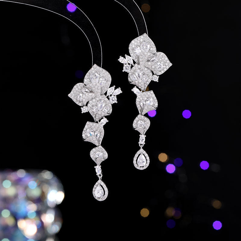 High-end Heavy Craft Earrings for Annual Meeting and Evening Dresses, Luxurious Long Elegant Zircon Flower Earrings