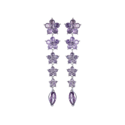Colorful Ice Crack Flower Earrings S925Silver Needle Elegant Long Tassel Gradient Pink Purple Heavy Craft Earrings for Women
