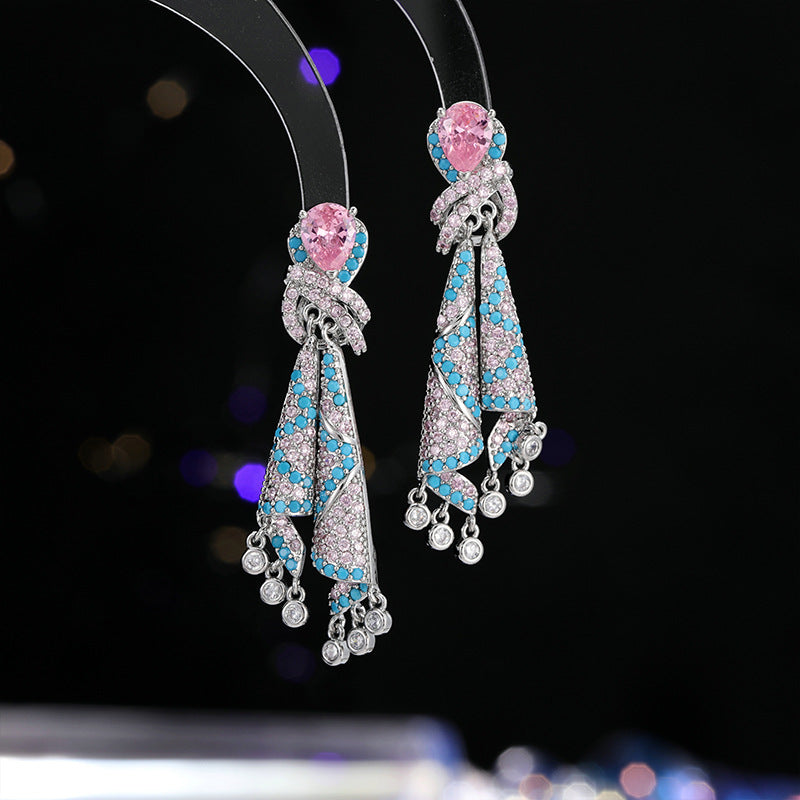 French Style Heavy Craft Colorful Silk Earrings Light Luxury High-end Sense Temperament Autumn Winter Zircon Jewelry Tassel Silver Needle Earrings for Women