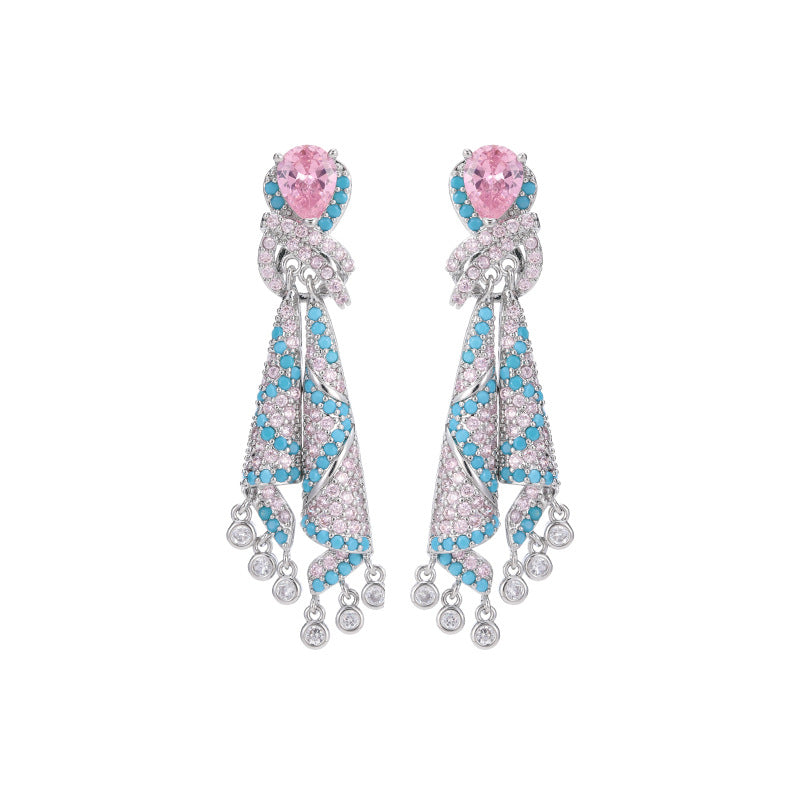 French Style Heavy Craft Colorful Silk Earrings Light Luxury High-end Sense Temperament Autumn Winter Zircon Jewelry Tassel Silver Needle Earrings for Women