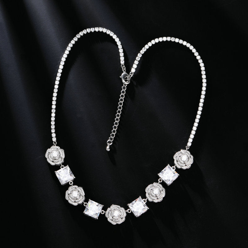 High-end Zircon Camellia Necklace Light Luxury Accessories Collarbone Chain Bracelet Earrings Dress Matching Elegant Jewelry Set
