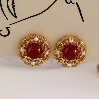 Vintage New Chinese Style Wine Red Agate Stone Earrings for Women Elegant Palace Style High-end Simple Temperament Pearl Earrings