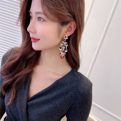 Colorful Zircon Inlaid Long Water Drop Tassel Earrings Trendy European and American Court Style Exaggerated Elegant Heavy Craft Earrings