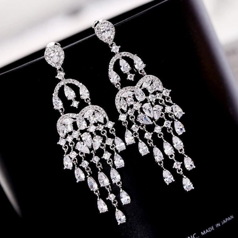 Autumn European and American Style Personality Tassel Earrings Long Colorful Zircon Studs New Fashion Water Drop Earrings for Women