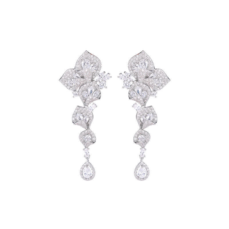 High-end Heavy Craft Earrings for Annual Meeting and Evening Dresses, Luxurious Long Elegant Zircon Flower Earrings