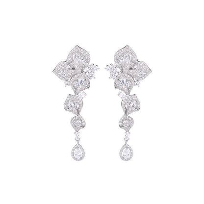 High-end Heavy Craft Earrings for Annual Meeting and Evening Dresses, Luxurious Long Elegant Zircon Flower Earrings