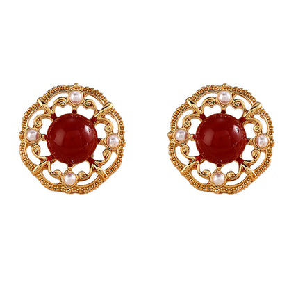 Vintage New Chinese Style Wine Red Agate Stone Earrings for Women Elegant Palace Style High-end Simple Temperament Pearl Earrings