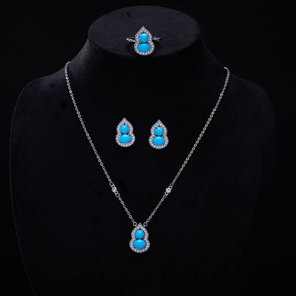 New Chinese Style Retro Imitation Turquoise Gourd Pendant Necklace Ring Jewelry Set Light Luxury High-end National Style Earrings