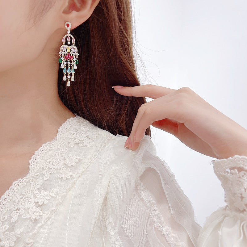 Autumn European and American Style Personality Tassel Earrings Long Colorful Zircon Studs New Fashion Water Drop Earrings for Women
