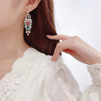 Autumn European and American Style Personality Tassel Earrings Long Colorful Zircon Studs New Fashion Water Drop Earrings for Women