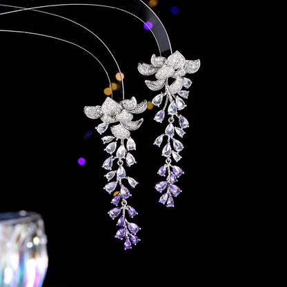 Heavy Craft Hot-Selling Zircon Leaf Wisteria Flower Earrings Fashion Evening Elegant Bride Wedding Dress Earrings Accessories