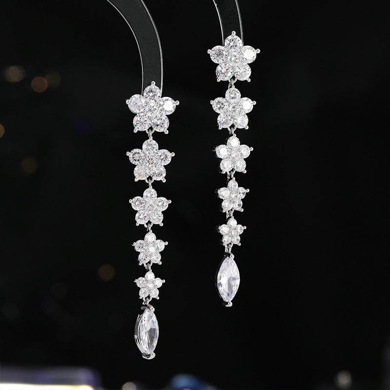 Colorful Ice Crack Flower Earrings S925Silver Needle Elegant Long Tassel Gradient Pink Purple Heavy Craft Earrings for Women