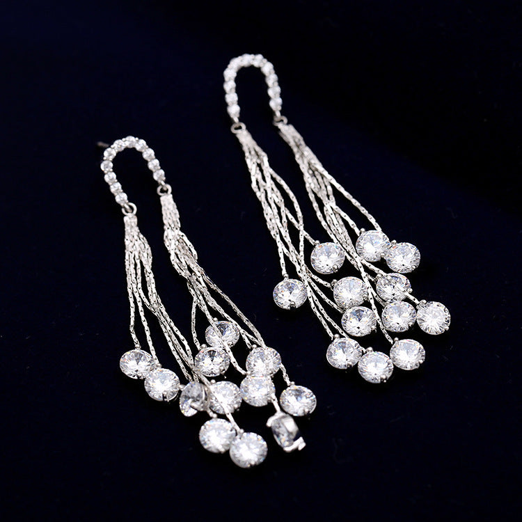 Cross-border European and American Fashion Shiny Zircon Exaggerated Tassel Earrings s925Silver Needle High-End Long Evening Earrings