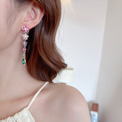 Colorful Ice Crack Flower Earrings S925Silver Needle Elegant Long Tassel Gradient Pink Purple Heavy Craft Earrings for Women