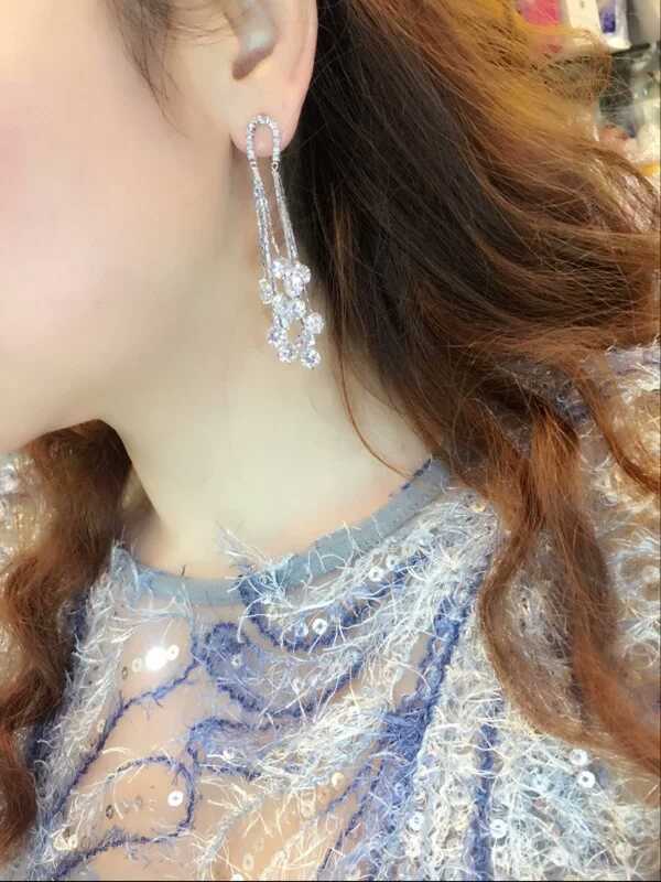 Cross-border European and American Fashion Shiny Zircon Exaggerated Tassel Earrings s925Silver Needle High-End Long Evening Earrings