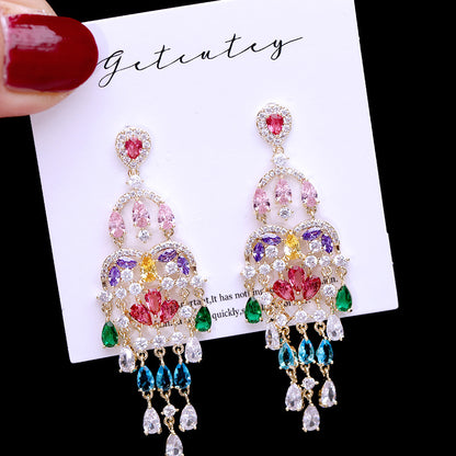 Autumn European and American Style Personality Tassel Earrings Long Colorful Zircon Studs New Fashion Water Drop Earrings for Women