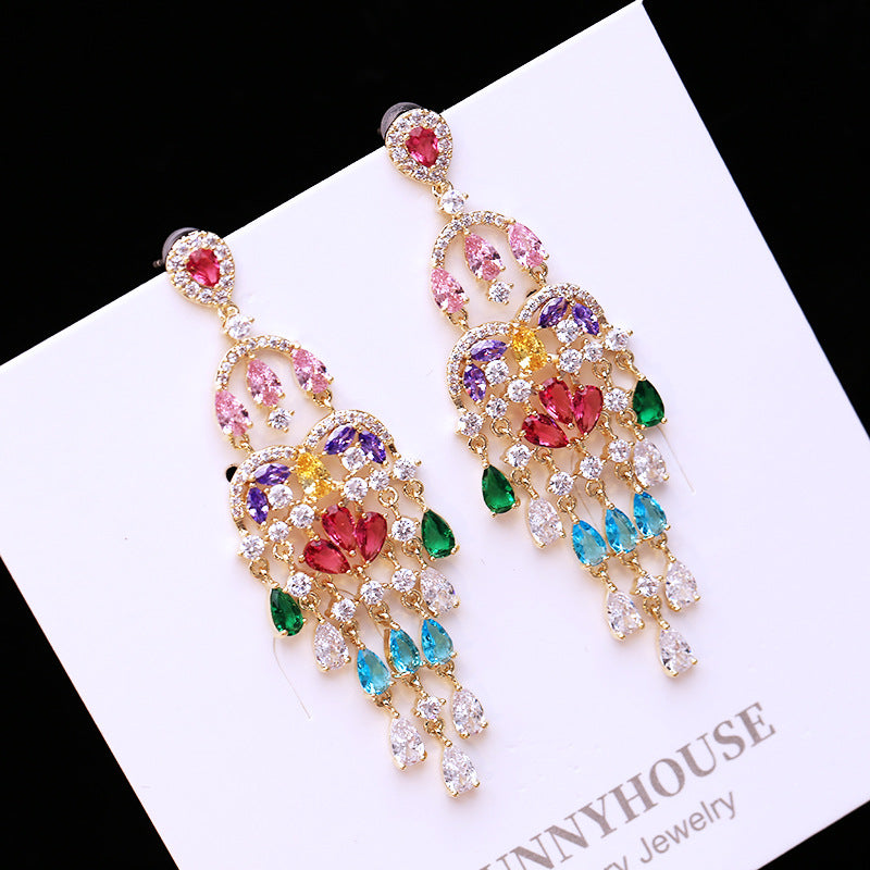 Autumn European and American Style Personality Tassel Earrings Long Colorful Zircon Studs New Fashion Water Drop Earrings for Women