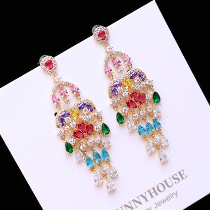 Autumn European and American Style Personality Tassel Earrings Long Colorful Zircon Studs New Fashion Water Drop Earrings for Women