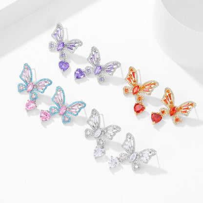 Cross-border Elegant Versatile Butterfly Heart Earrings Hollow Micro Pave Zircon High-end s925Silver Needle Sweet Fashion Earrings