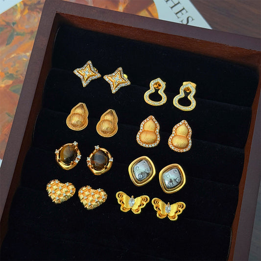 Xiaohongshu Hot-Selling Retro Light Luxury Fashion Versatile Exquisite Small Brushed Gourd Earrings High-End Sense Temperament Ear Jewelry