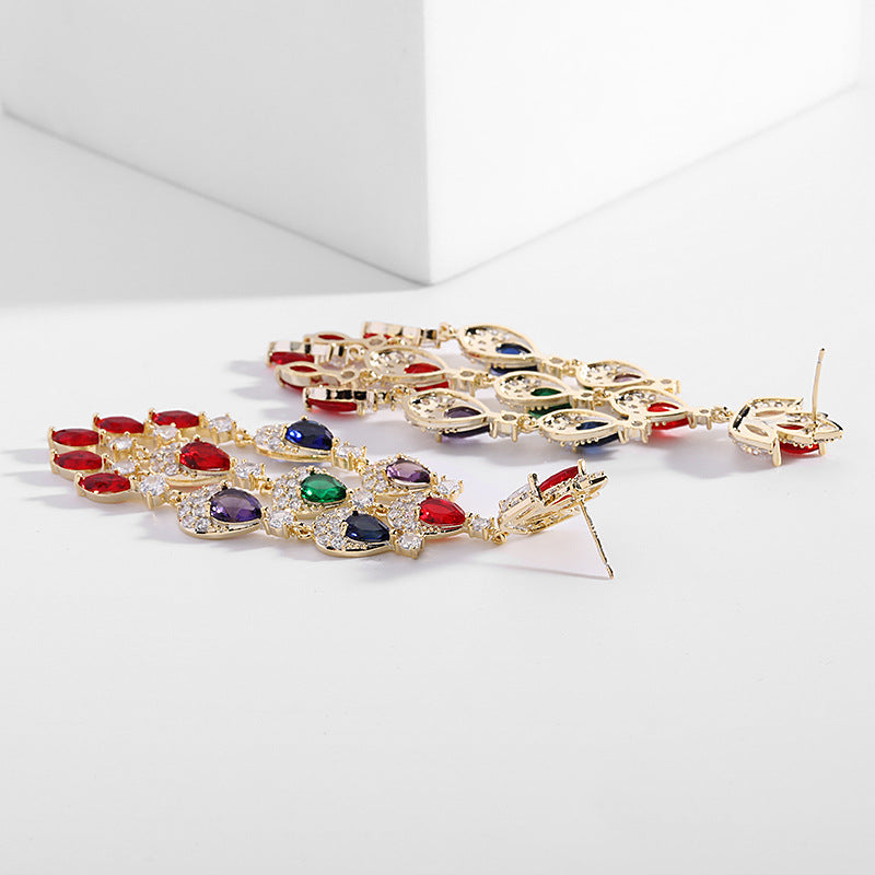 Colorful Zircon Inlaid Long Water Drop Tassel Earrings Trendy European and American Court Style Exaggerated Elegant Heavy Craft Earrings