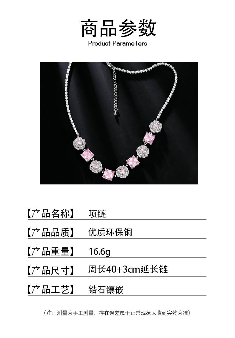 High-end Zircon Camellia Necklace Light Luxury Accessories Collarbone Chain Bracelet Earrings Dress Matching Elegant Jewelry Set