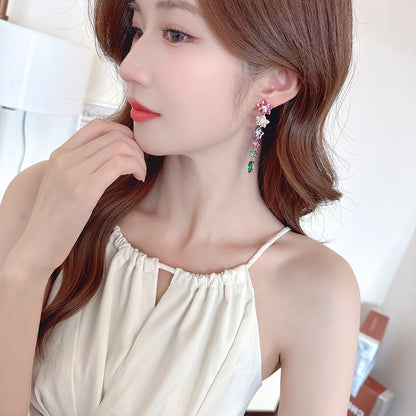 Colorful Ice Crack Flower Earrings S925Silver Needle Elegant Long Tassel Gradient Pink Purple Heavy Craft Earrings for Women