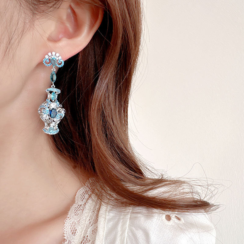 Light Luxury New Chinese Style Ancient Style Three-Dimensional Earrings Retro Zircon Inlaid High-End Long Blue and White Porcelain Evening Drop Earrings