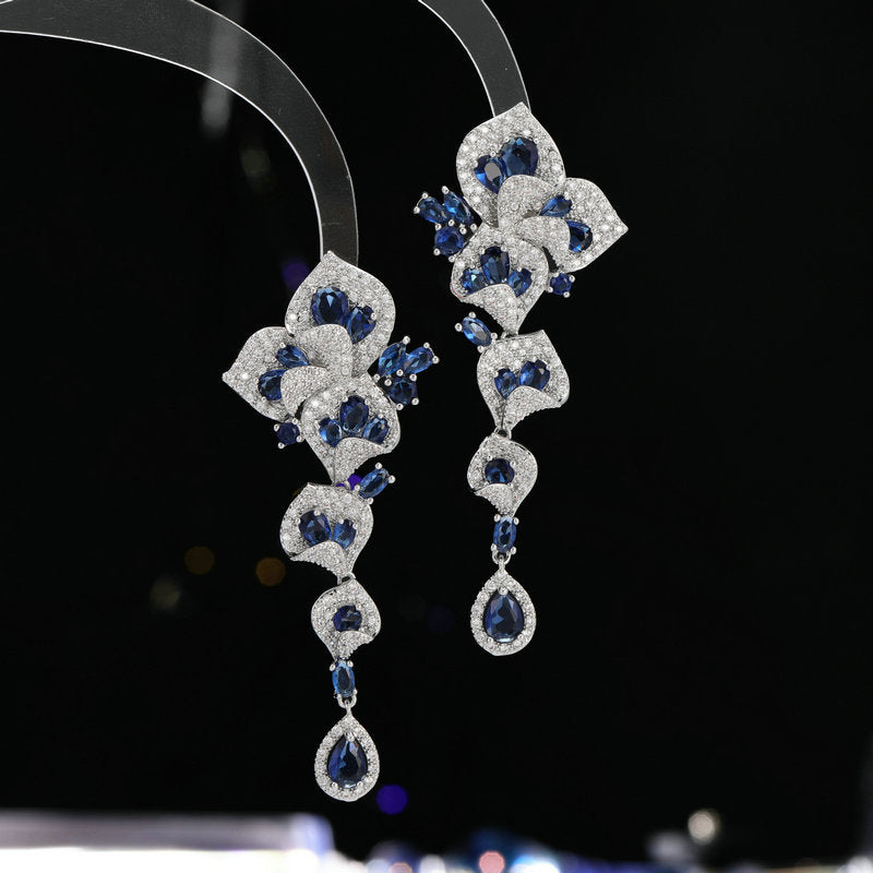 High-end Heavy Craft Earrings for Annual Meeting and Evening Dresses, Luxurious Long Elegant Zircon Flower Earrings