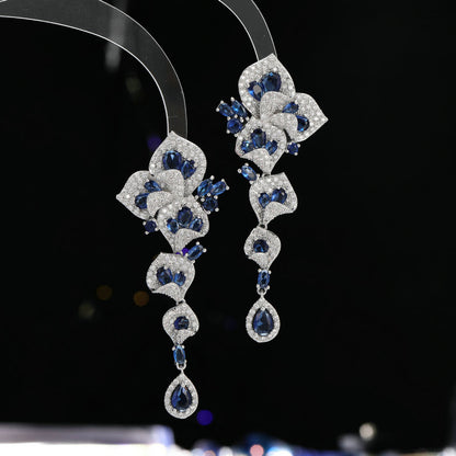 High-end Heavy Craft Earrings for Annual Meeting and Evening Dresses, Luxurious Long Elegant Zircon Flower Earrings