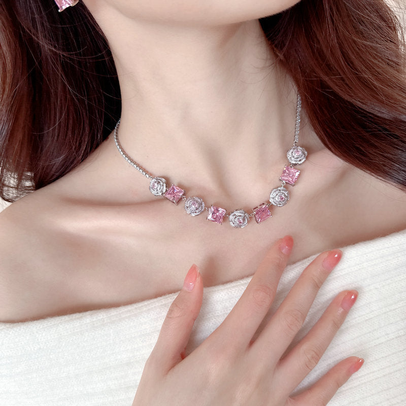 High-end Zircon Camellia Necklace Light Luxury Accessories Collarbone Chain Bracelet Earrings Dress Matching Elegant Jewelry Set