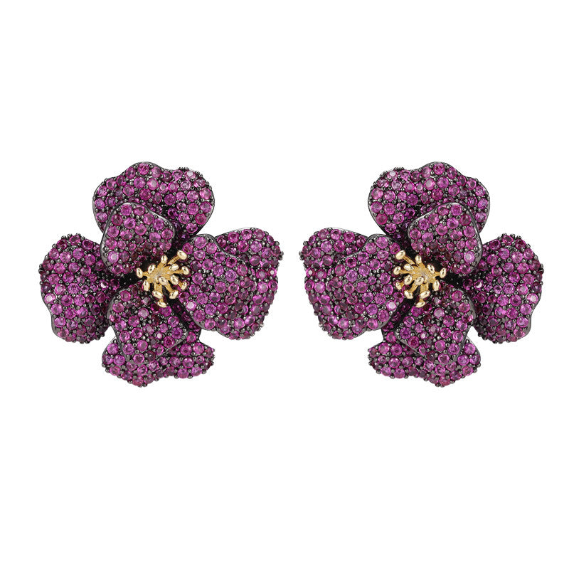 Light Luxury High-End Micro-Paved Zircon Rose Flower Stud Earrings s925Silver Needle Luxurious Elegant Exquisite Earrings for Women